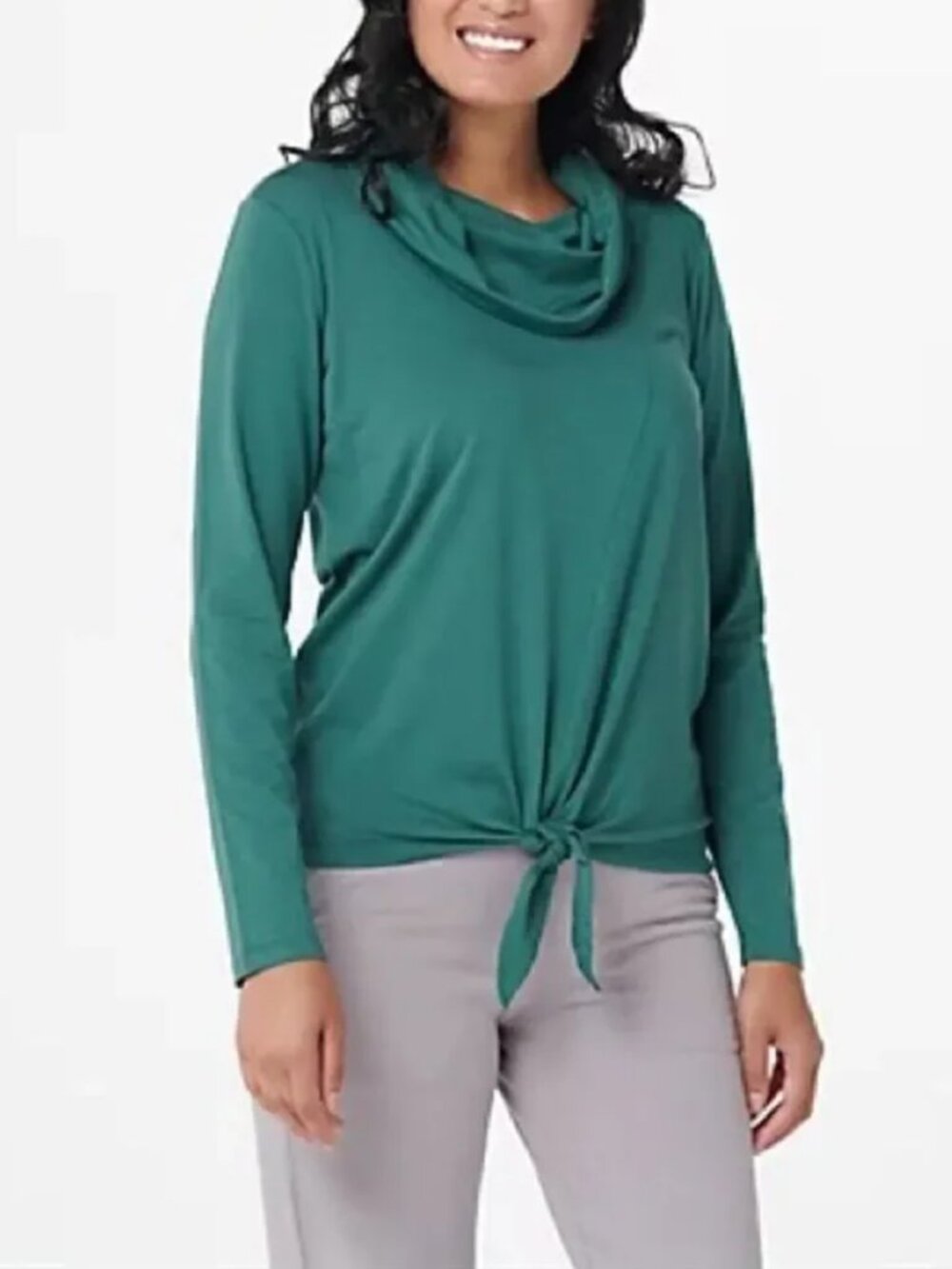 New AnyBody Cozy Knit Jersey Cowl Neck Tie Front Top in Mallard Green | Size XS